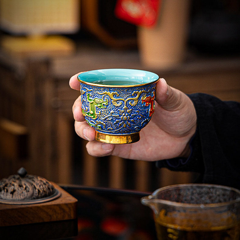 Hand-Hammered Textured Cloisonné "Kui Dragon" Master's Tea Cup - Rouseclay