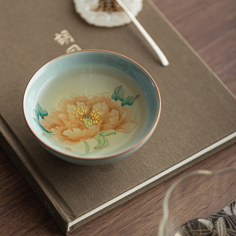 Hand-Painted Peony Ruyao Crackle Glaze Pu'er Tea Cup - Rouseclay