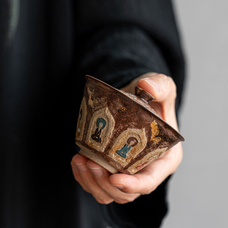 Dunhuang Murals Hand-Thrown Painted Gaiwan with Gold Tracing - Rouseclay