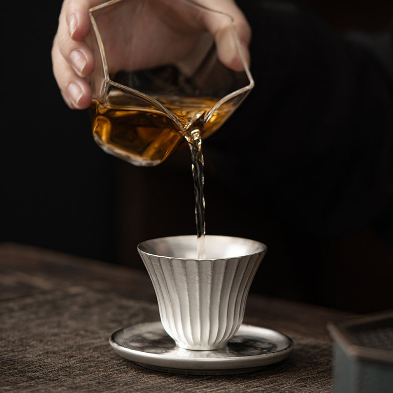 Silver-Gilded Linear Stripe Porcelain Teacup - Rouseclay