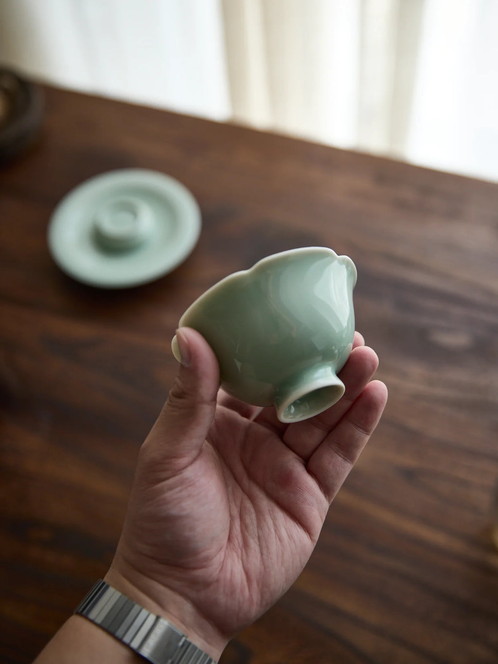 Ou Ware handmade Song Dynasty vessel forms inspired by antiquity porcelain tea bowl with scalloped rim & matching saucer set (100cc)