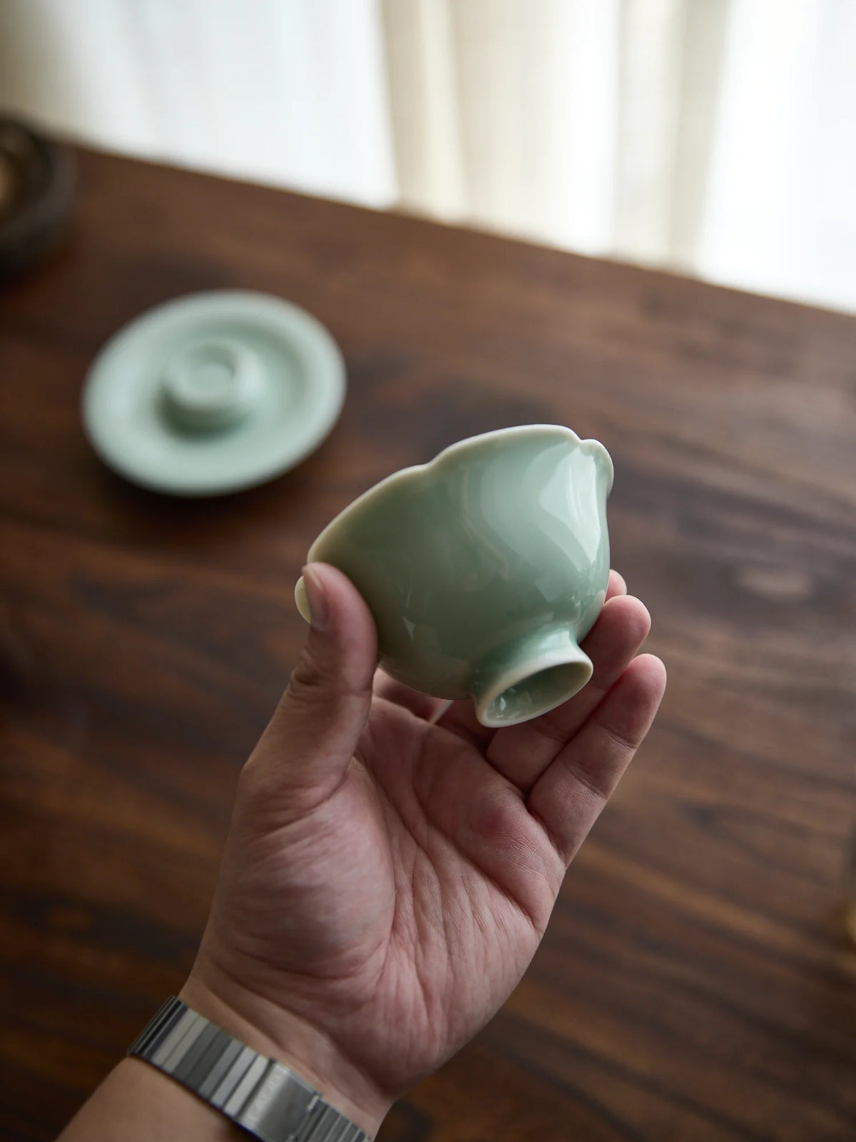 Ou Ware handmade Song Dynasty vessel forms inspired by antiquity porcelain tea bowl with scalloped rim & matching saucer set (100cc)