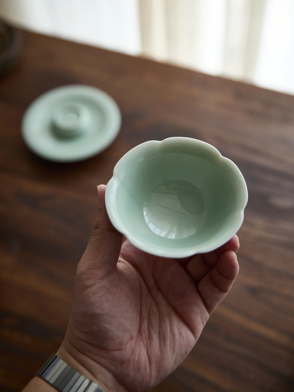 Ou Ware handmade Song Dynasty vessel forms inspired by antiquity porcelain tea bowl with scalloped rim & matching saucer set (100cc)