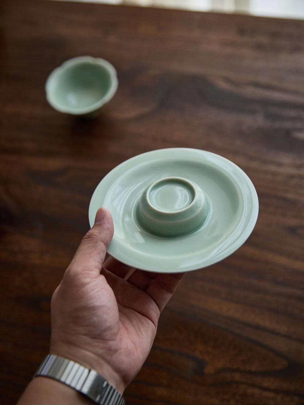 Ou Ware handmade Song Dynasty vessel forms inspired by antiquity porcelain tea bowl with scalloped rim & matching saucer set (100cc)
