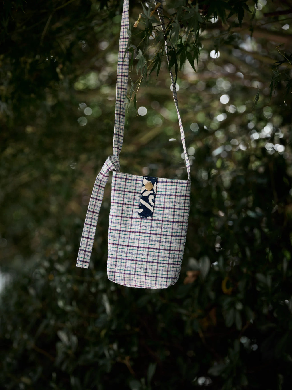 Handmade crossbody bag (phone pouch) with indigo-dyed accents