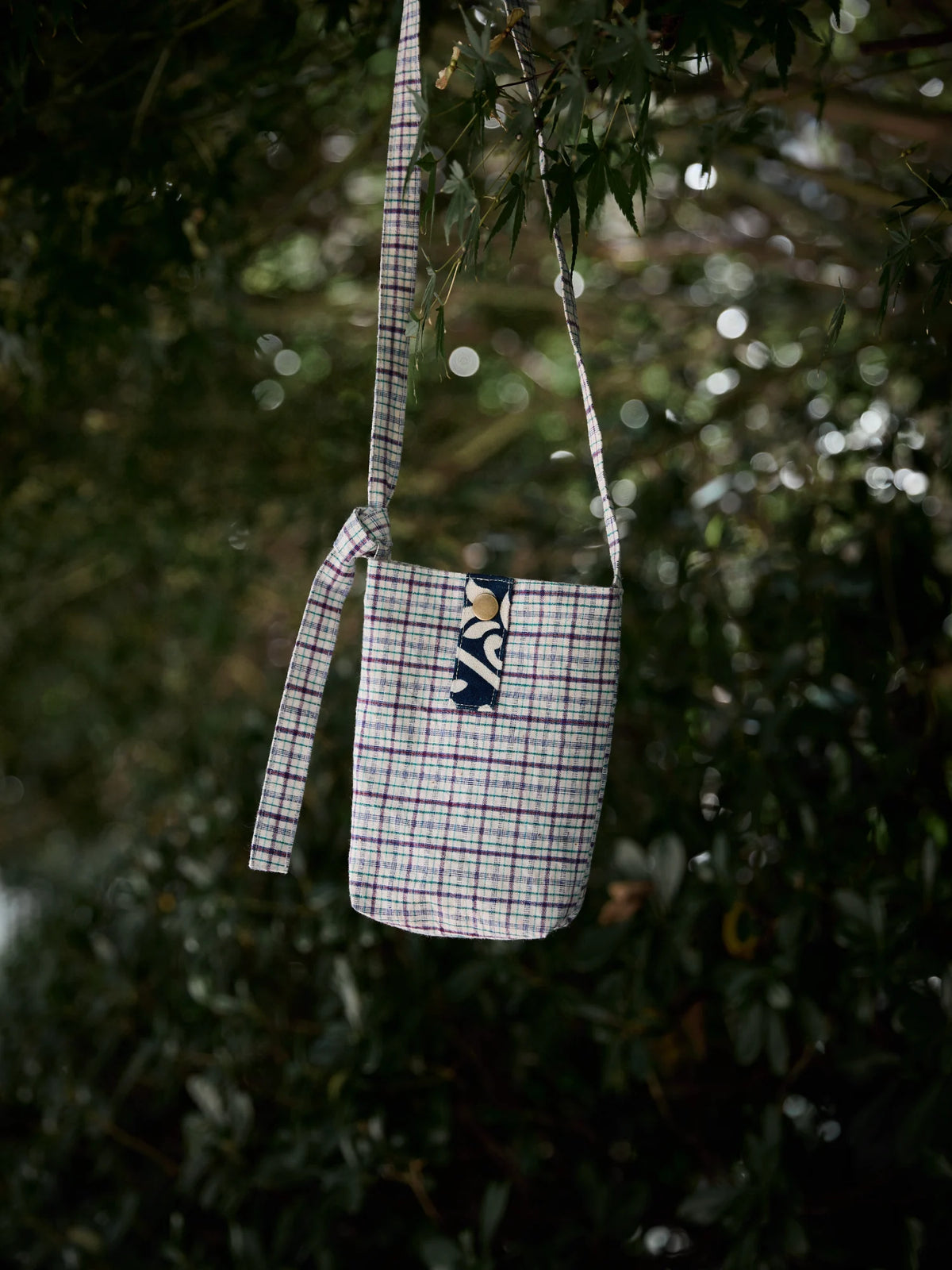 Handmade crossbody bag (phone pouch) with indigo-dyed accents