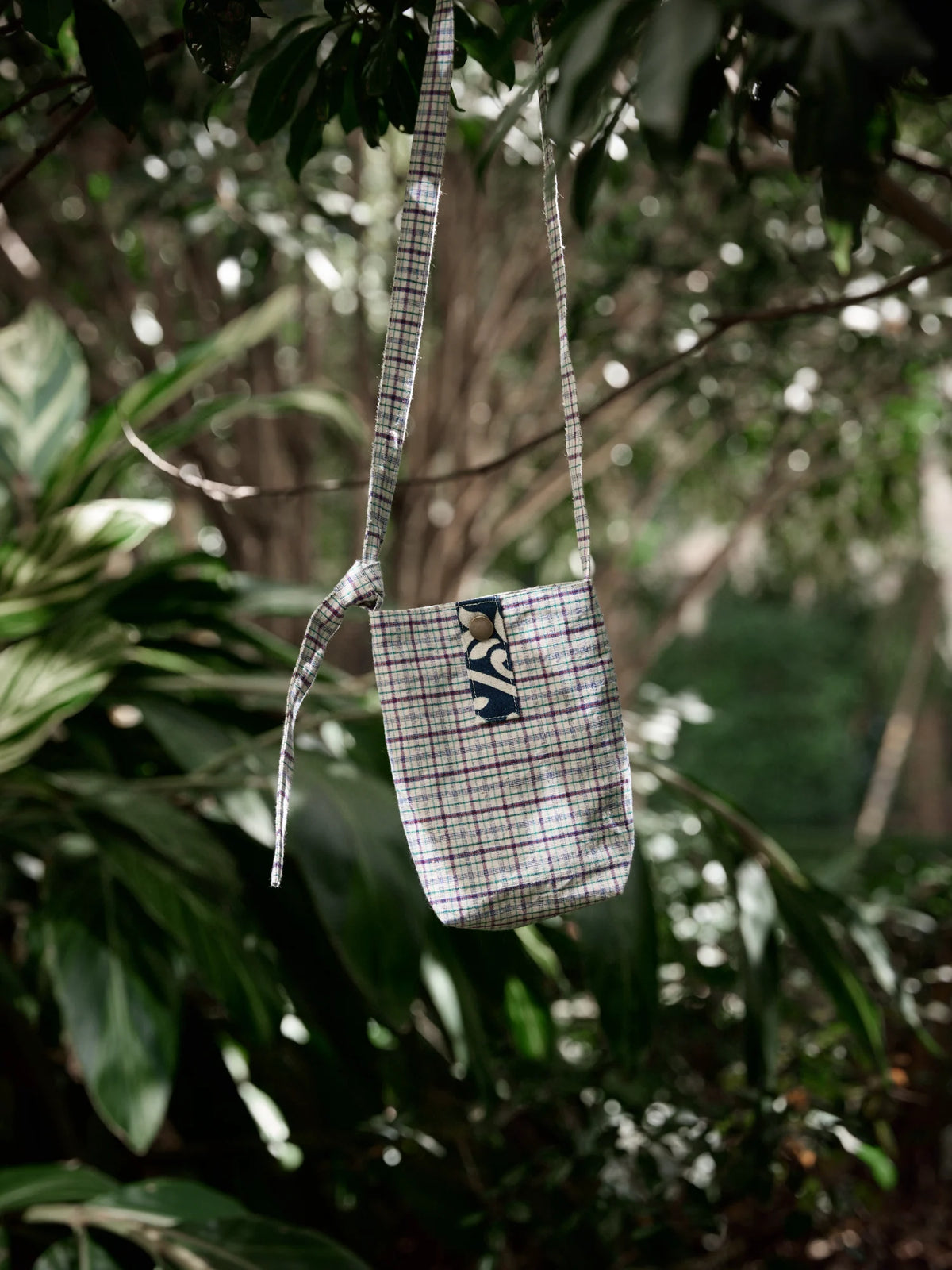 Handmade crossbody bag (phone pouch) with indigo-dyed accents