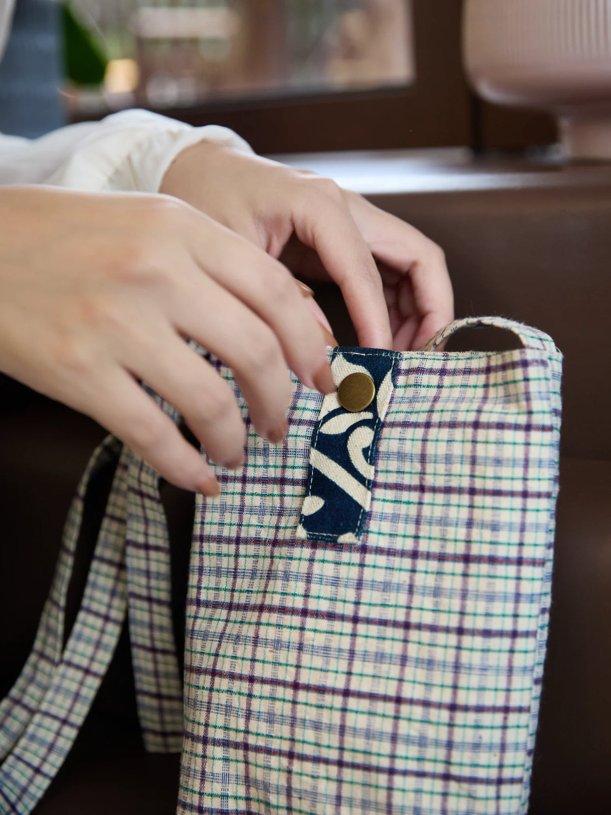 Handmade crossbody bag (phone pouch) with indigo-dyed accents