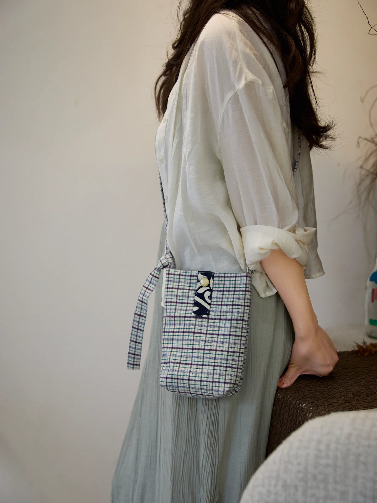 Handmade crossbody bag (phone pouch) with indigo-dyed accents