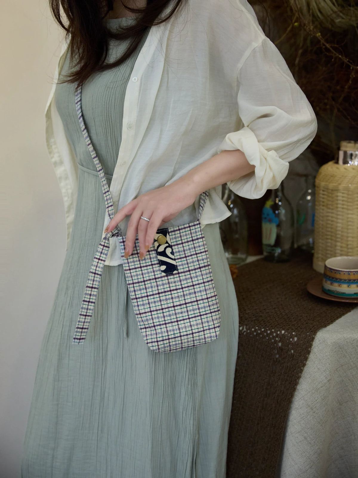 Handmade crossbody bag (phone pouch) with indigo-dyed accents