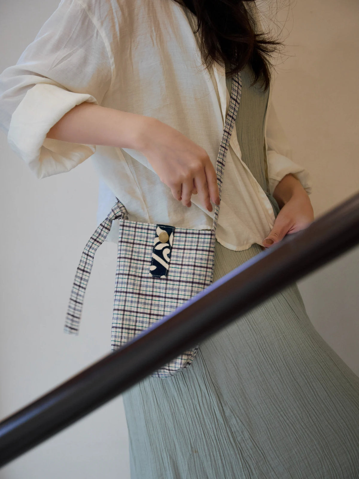 Handmade crossbody bag (phone pouch) with indigo-dyed accents