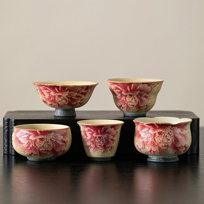 Iron-Spot Porcelain Peony Teacup with Antique Caramel Glaze - Rouseclay