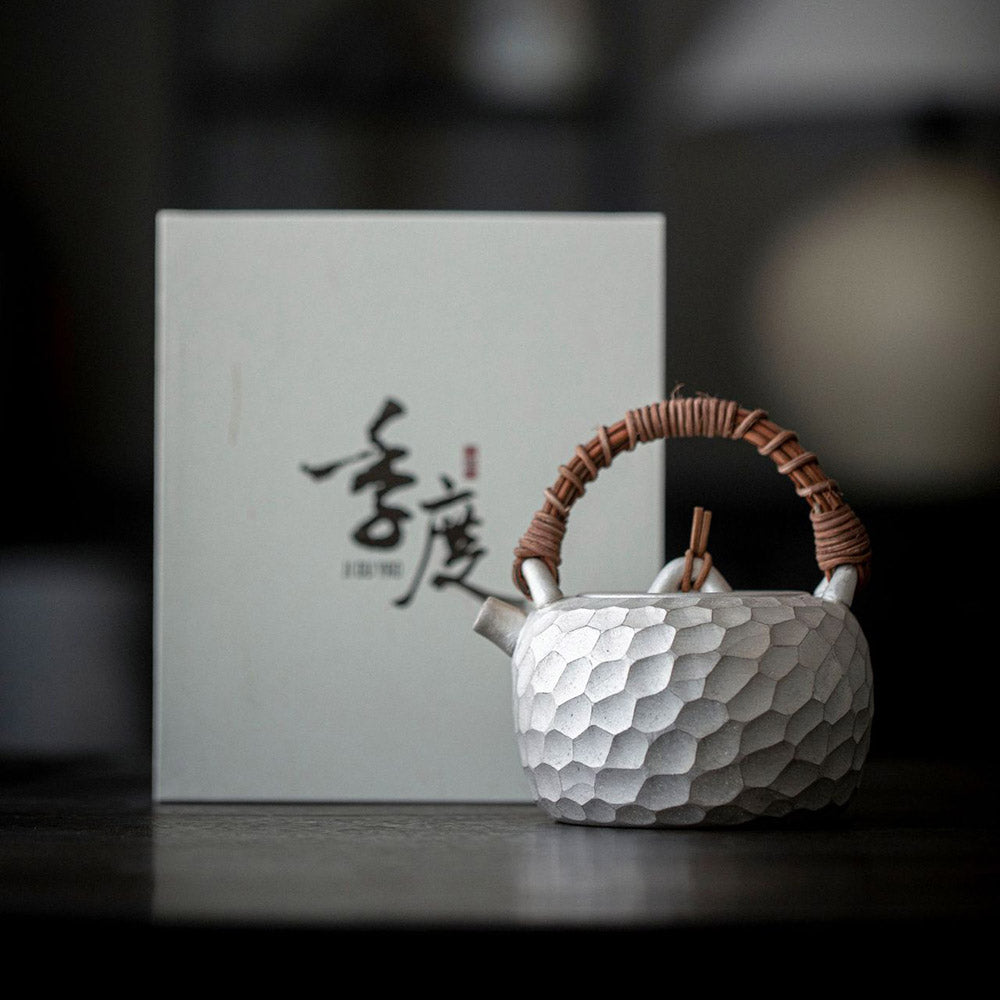 Hand-Hammered Gilded Silver with Rattan-Wrapped Arch Handle Tetsubin - Rouseclay