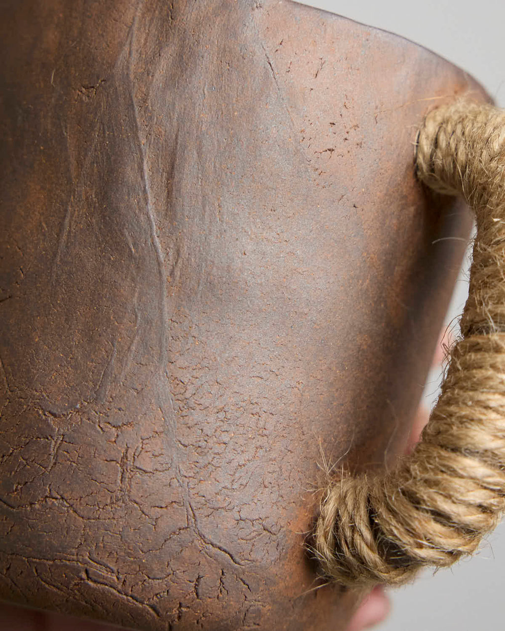 Hand-pinched rustic stoneware mug in earth tones with hemp-wrapped handle