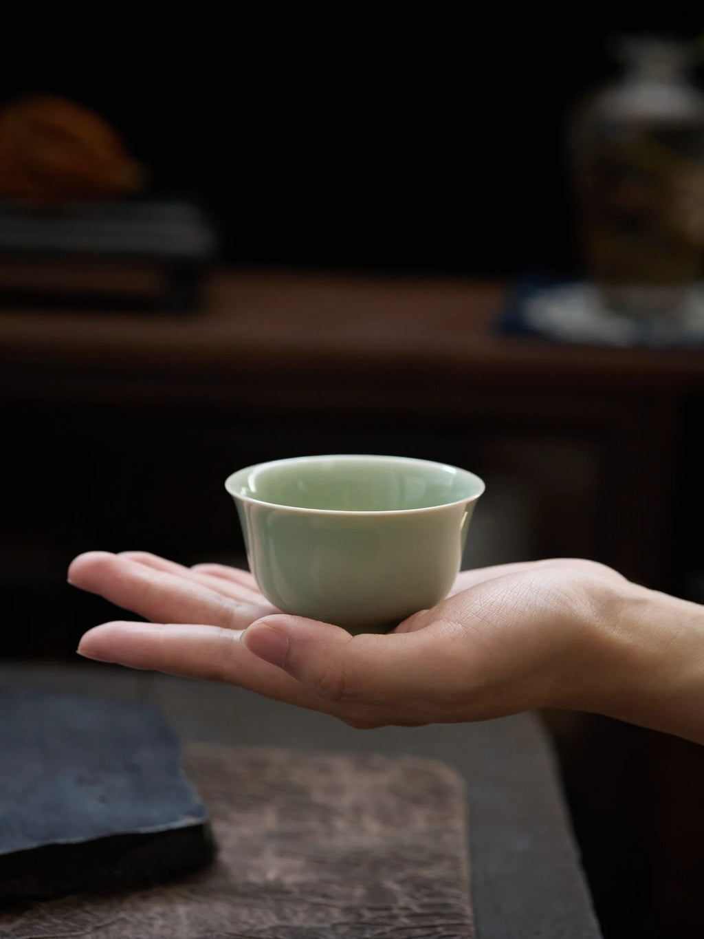 Ou Ware Celadon Press-Hand Teacup – Handmade Yongle Style Chinese Tea Cup