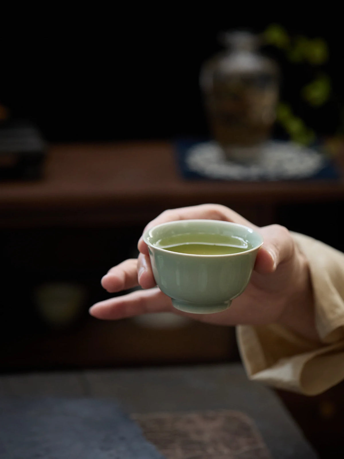 Ou Ware Celadon Press-Hand Teacup – Handmade Yongle Style Chinese Tea Cup
