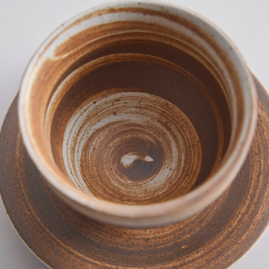 Wood-fired stoneware master cup with natural ash markings and Japanese style