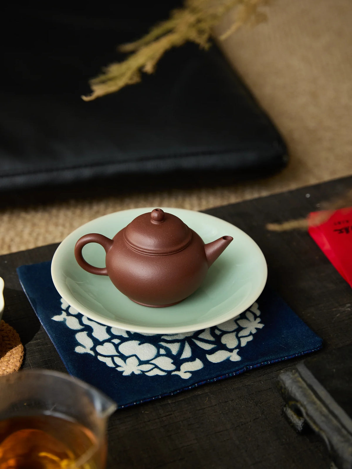 Ouware Chai kiln handmade round plate celadon porcelain teapot stand OOAK