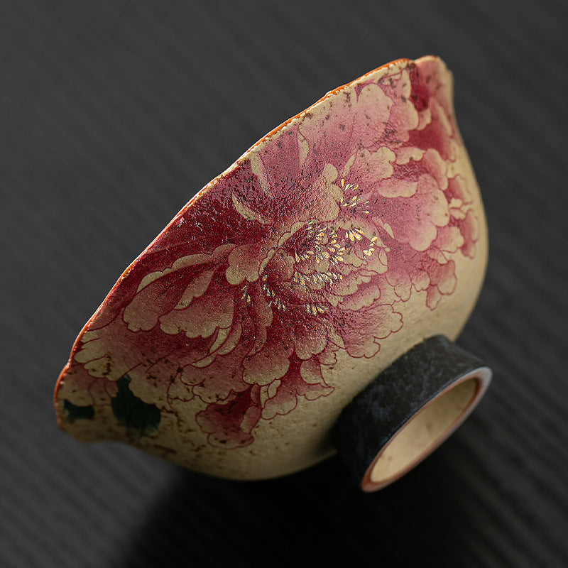 Iron-Spot Porcelain Peony Teacup with Antique Caramel Glaze - Rouseclay