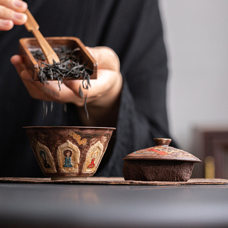 Dunhuang Murals Hand-Thrown Painted Gaiwan with Gold Tracing - Rouseclay