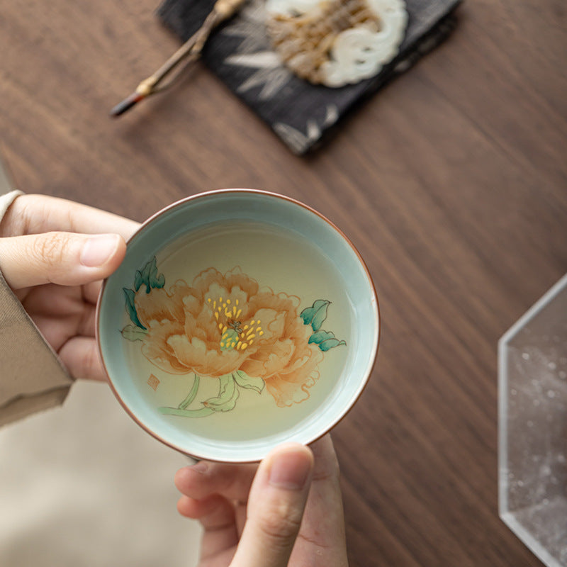 Hand-Painted Peony Ruyao Crackle Glaze Pu'er Tea Cup - Rouseclay