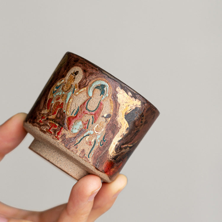 Dunhuang Murals Hand-Thrown Painted TeaCup with Gold Tracing - Rouseclay