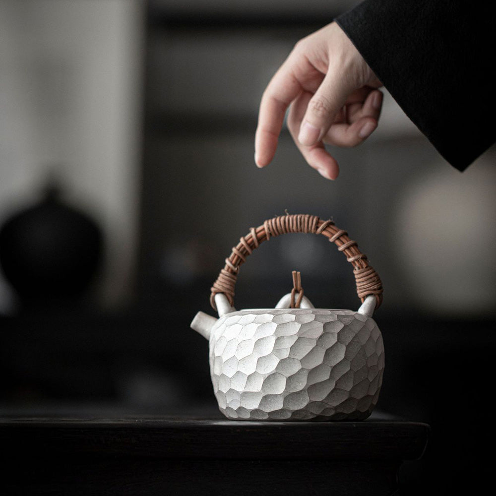 Hand-Hammered Gilded Silver with Rattan-Wrapped Arch Handle Tetsubin - Rouseclay