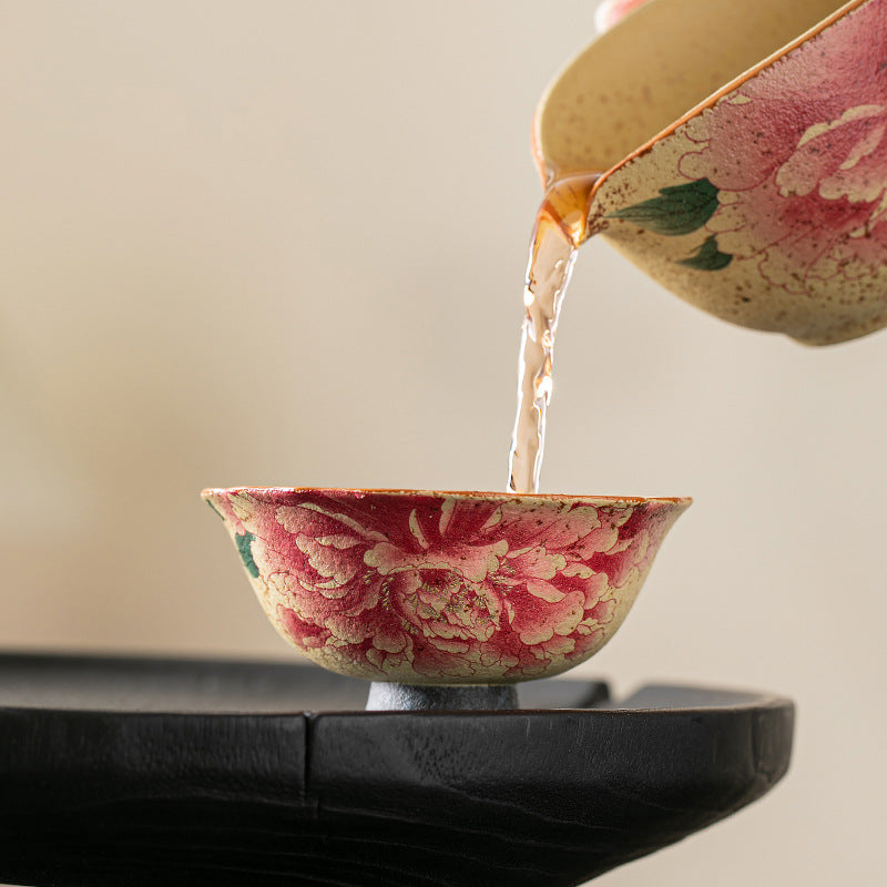 Iron-Spot Porcelain Peony Teacup with Antique Caramel Glaze - Rouseclay