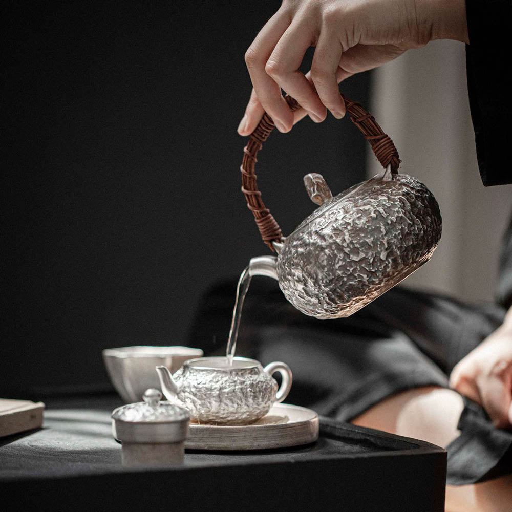 999 Pure Silver Hand-Hammered Chinese Teapot with Wood Handle glaze texture handmade Chinese ceramic teapot