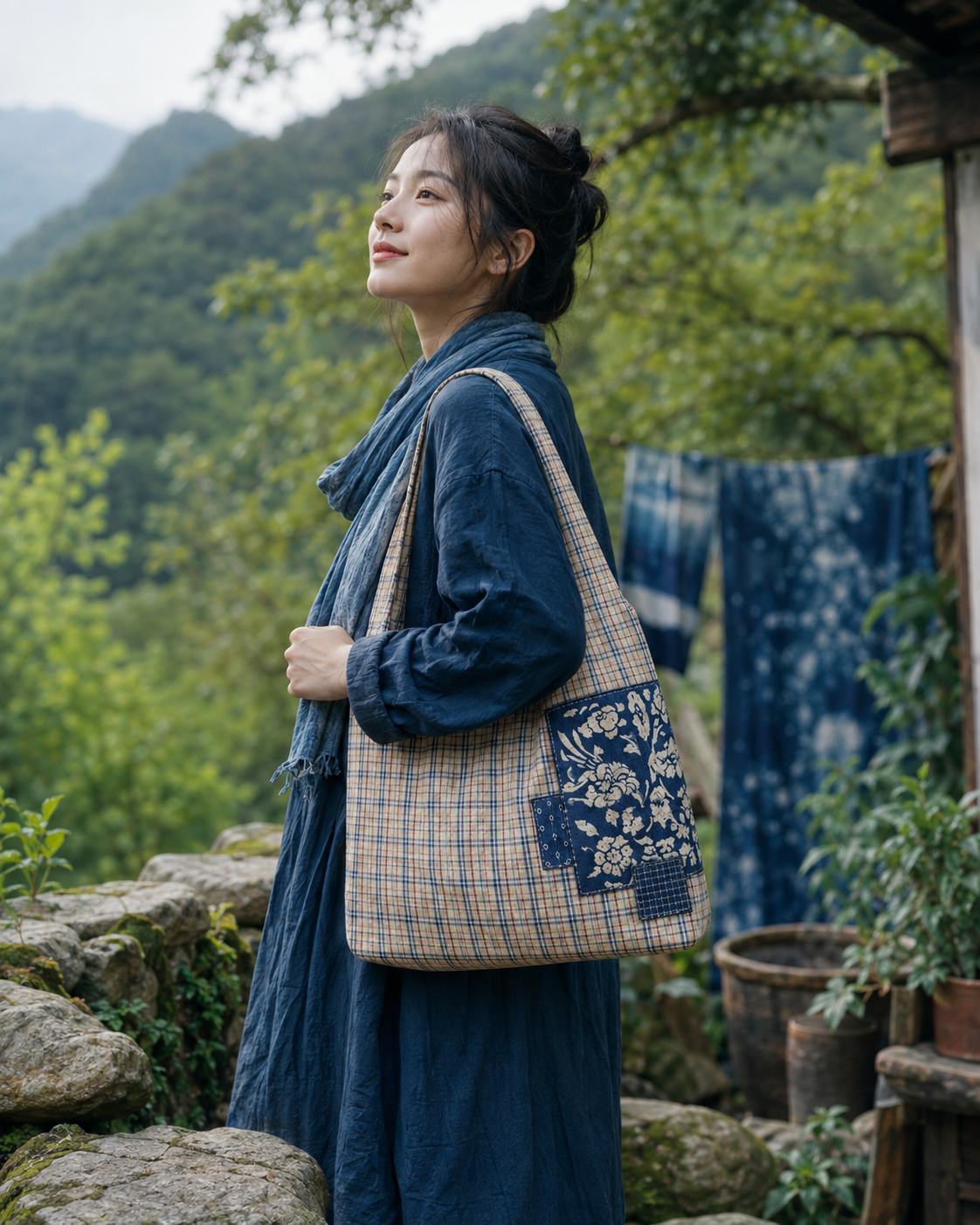 Indigo Floral Print Mini Tote Bag