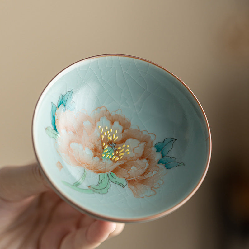 Hand-Painted Peony Ruyao Crackle Glaze Pu'er Tea Cup - Rouseclay