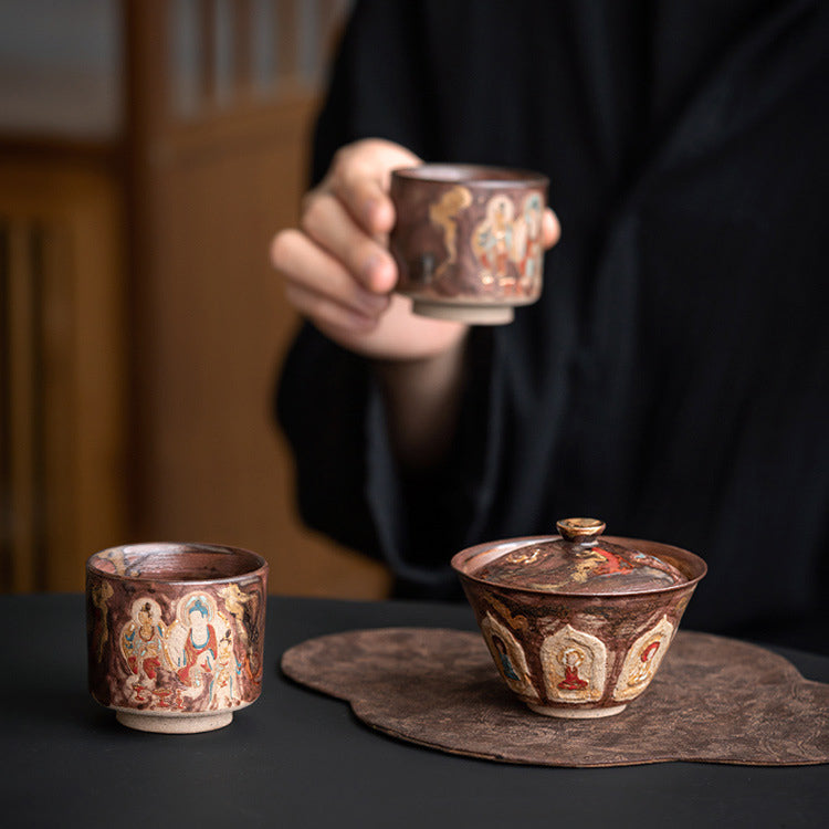 Dunhuang Murals Hand-Thrown Painted TeaCup with Gold Tracing - Rouseclay