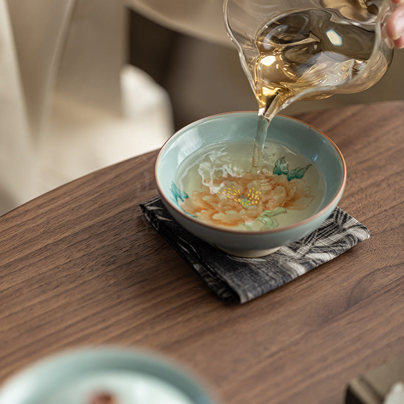 Hand-Painted Peony Ruyao Crackle Glaze Pu'er Tea Cup - Rouseclay