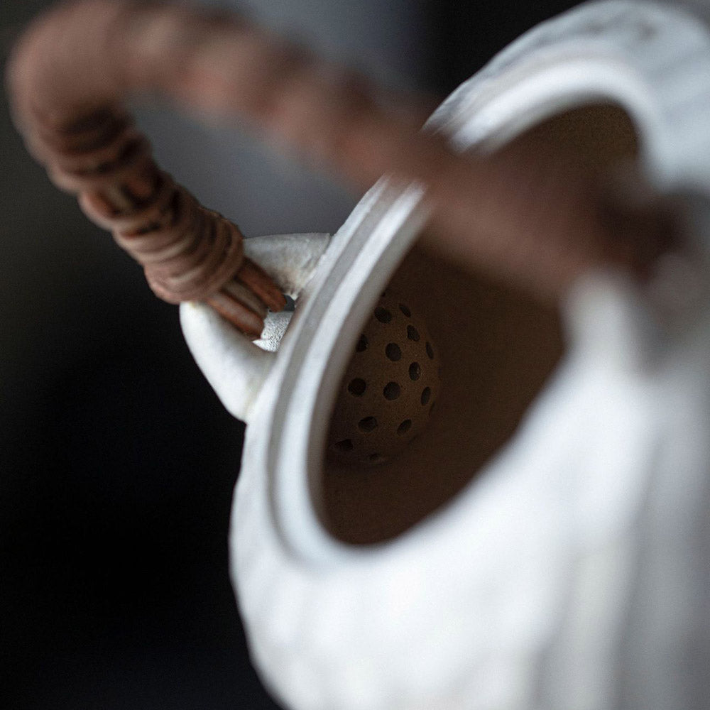 Gilded Silver Tetsubin Teapot with wood Handle spout detail handmade Chinese pottery