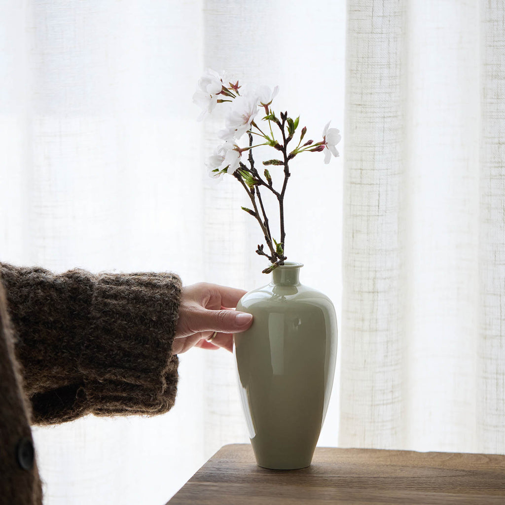 Ou Celadon Handmade Meiping Vase side view handmade Chinese ceramic