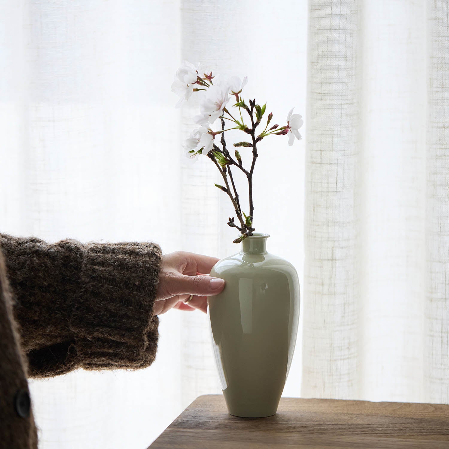 Ou Celadon Handmade Meiping Vase side view handmade Chinese ceramic