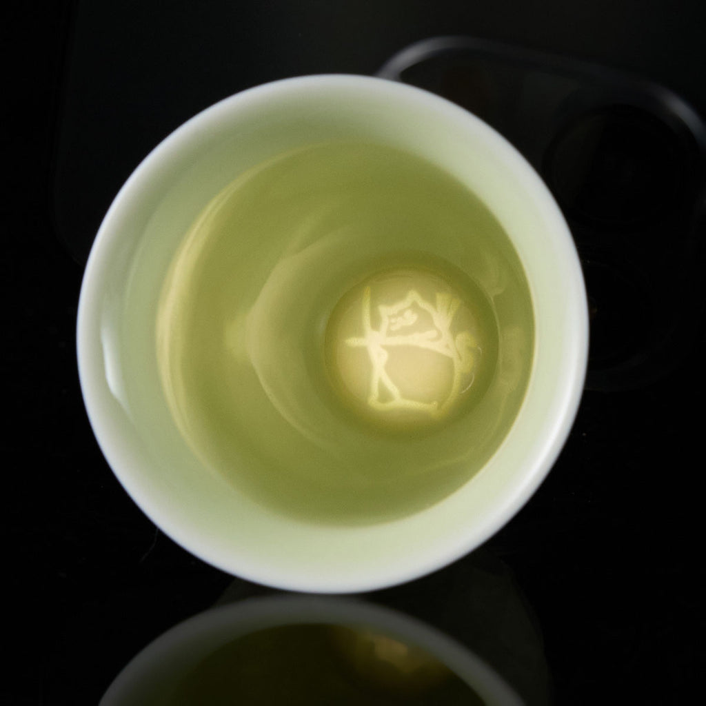 Ou Kiln banana leaf celadon teacup rim detail handmade Chinese pottery