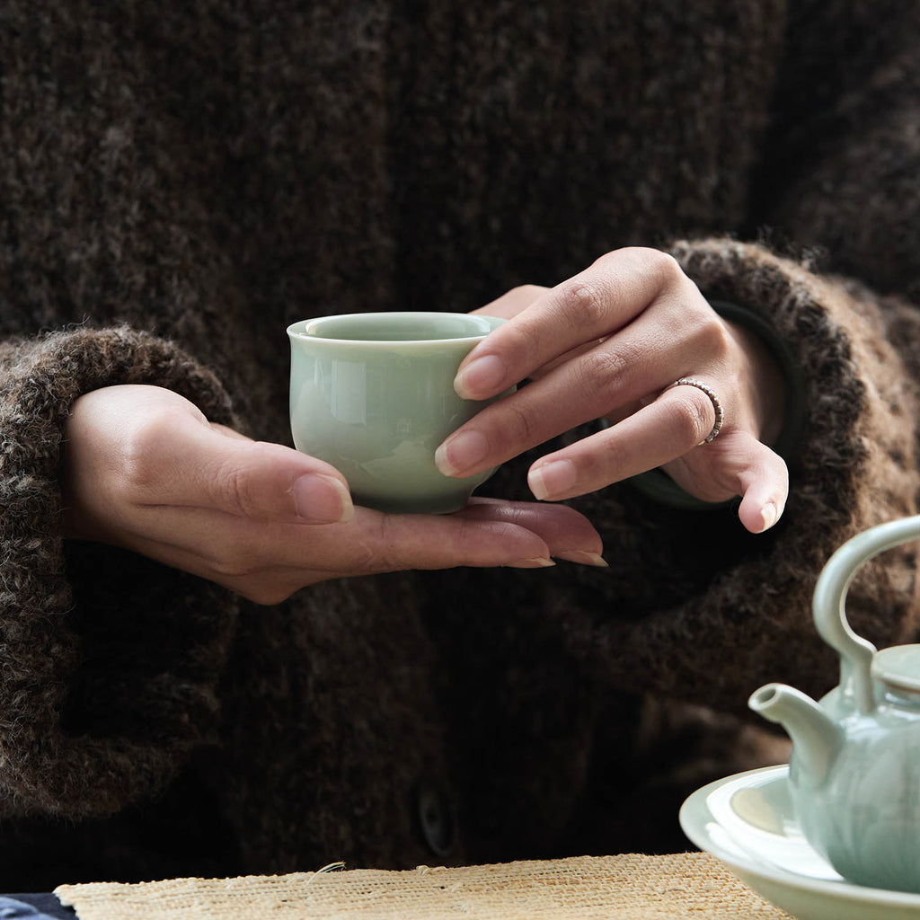 Ou Ware Celadon Arhat Handmade Chinese Tea Cup with handhold