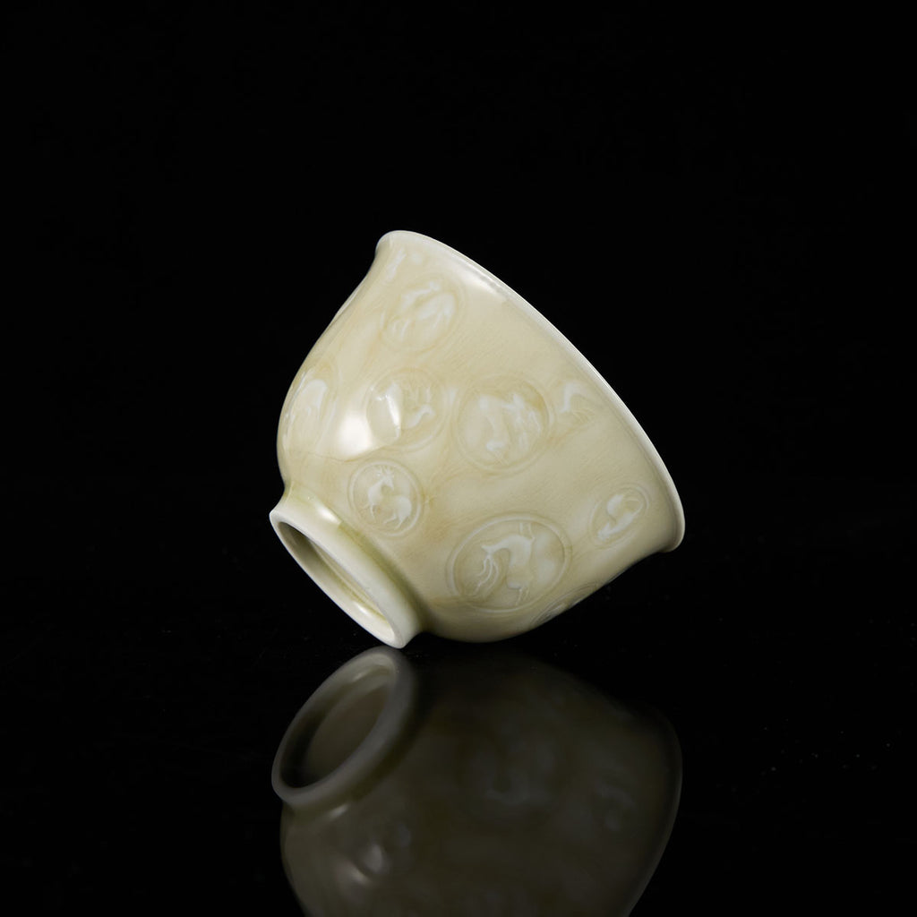 Ou Kiln Celadon Peaks and Deer Master Cup side view handmade Chinese ceramic