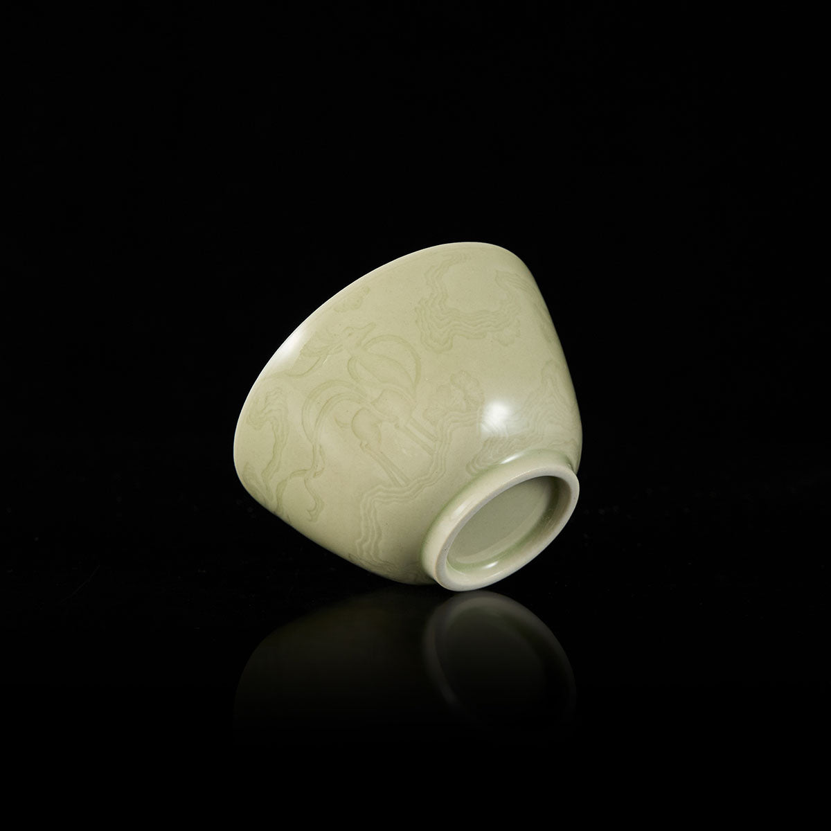 Ou Kiln Celadon “Seeking the Path” Teacup side view handmade Chinese ceramic