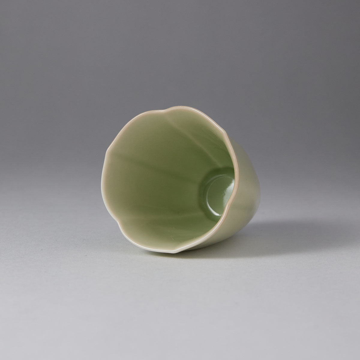 Ou Kiln Three Petal Celadon Teacup rim detail4 handmade Chinese pottery