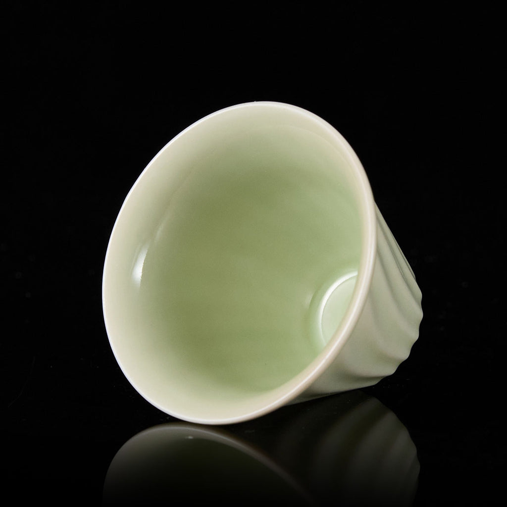 Ou Kiln Tidal Pattern Celadon Teacup side view handmade Chinese ceramic