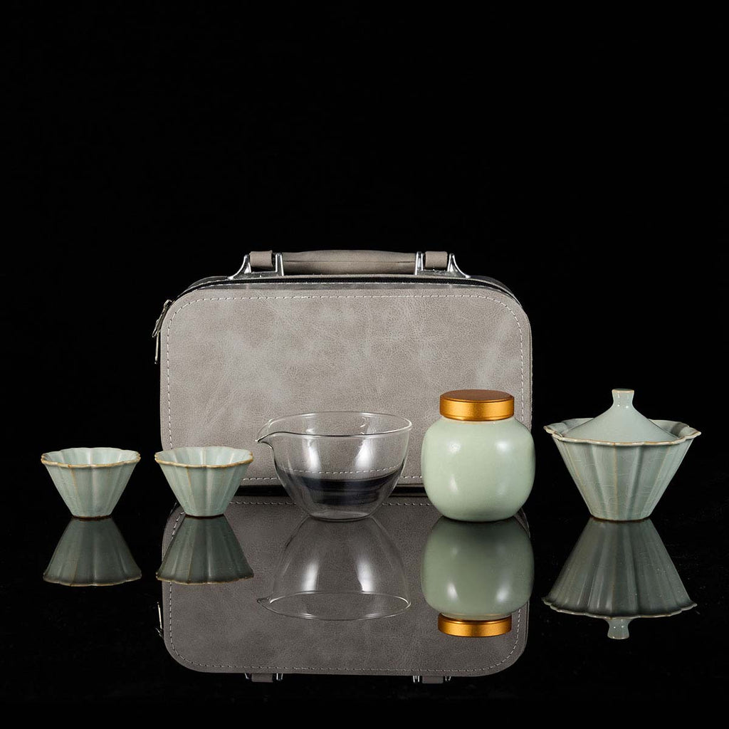 Ru Kiln Petal-Fold Gongfu Travel Tea Set handmade Chinese ceramic gongfu teacup
