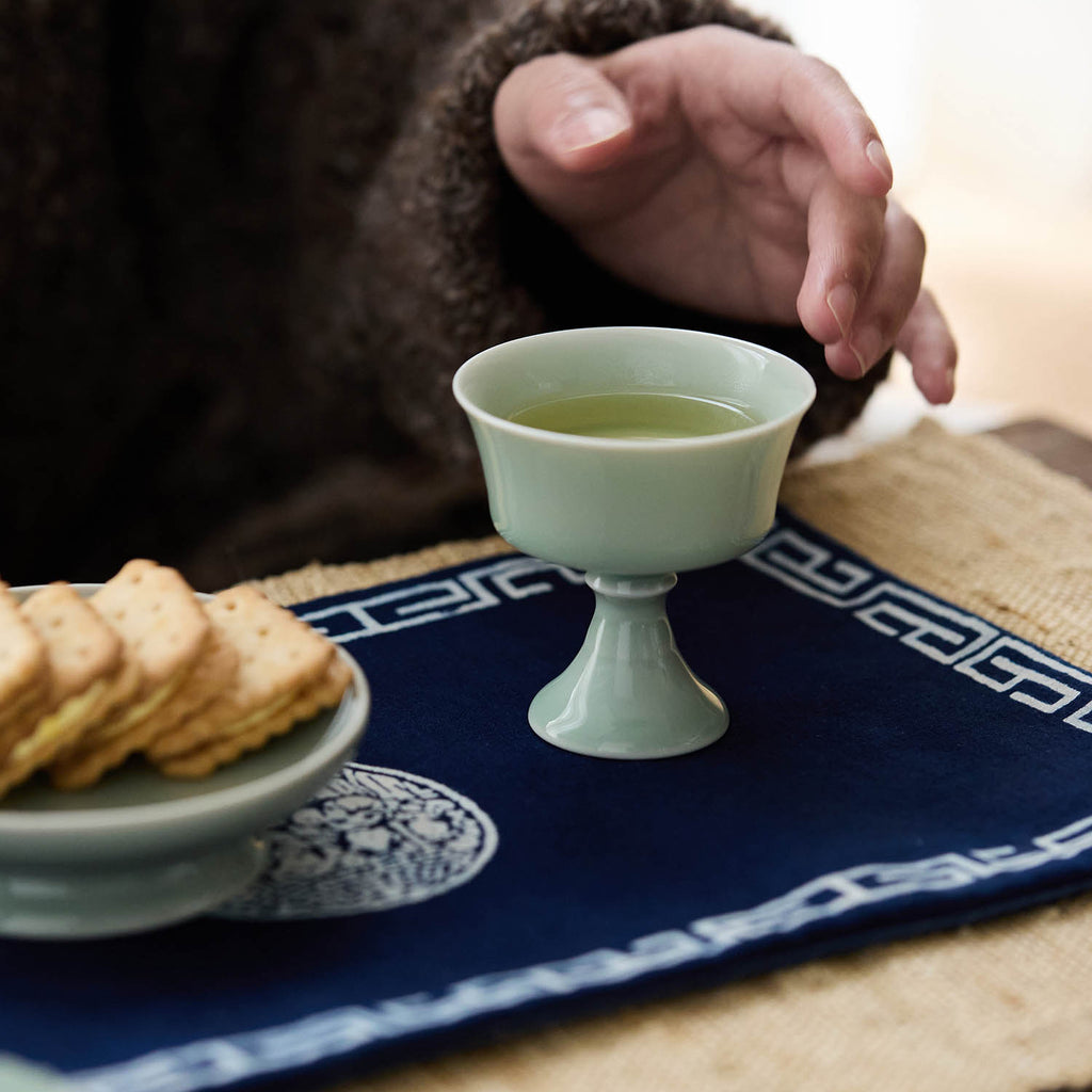 Ou Kiln Handmade Celadon Stem Cup – Traditional Chinese High-Foot Tea & Wine Cup - Rouseclay