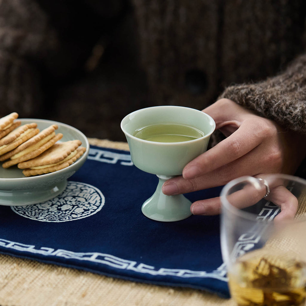 Ou Kiln Handmade Celadon Stem Cup – Traditional Chinese High-Foot Tea & Wine Cup - Rouseclay