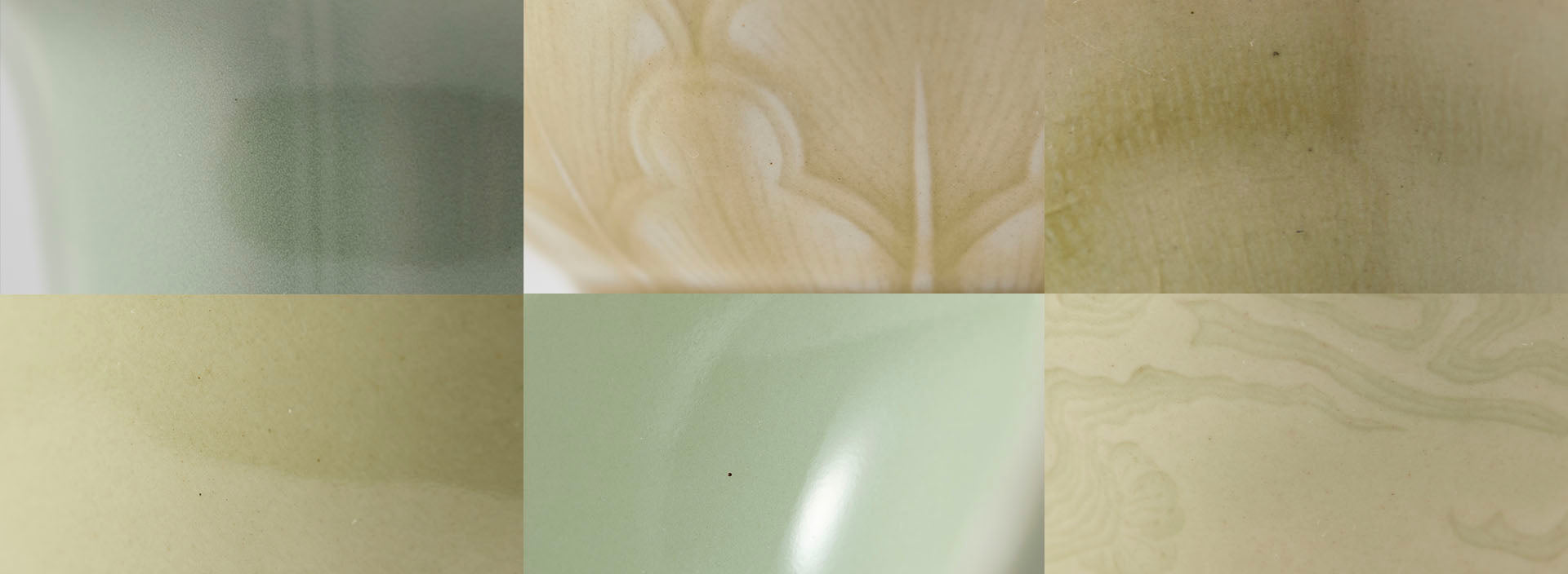 Macro view of mineral particles on celadon glaze pottery, a result of high-temperature firing in traditional chinese celadon teaware.